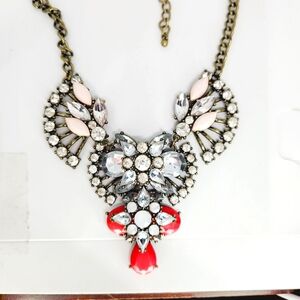 Large Pink Rhinestone Gold Tone Statement Fan Spray Crew Collar Necklace 19"